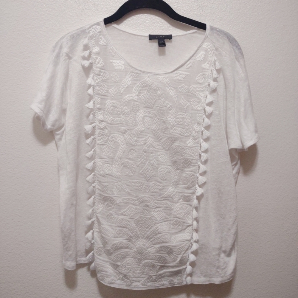J. Crew White Short Sleeve Embroidered Tassel Oversize Tee XXS